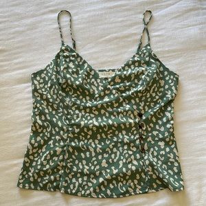 Green animal print tank top with faux wrap detail